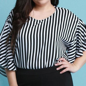 3/4 Sleeve Lotus Leaf Sleeve Stripe Round Neck Plus Size T-shirt