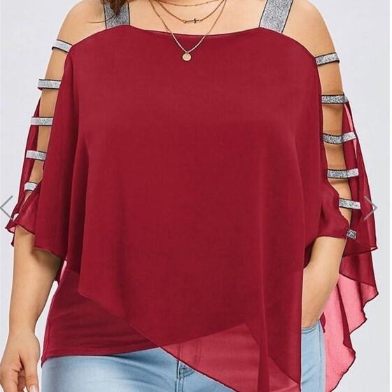 Chiffon Short Sleeve Off Shoulder Plus Size Tops