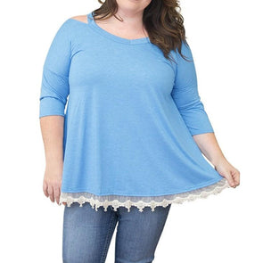 3/4 Sleeve Solid Color V Neck  Plus Size Tops