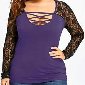 Cotton Long Sleeve Round Neck Open Work Plus Size Tops
