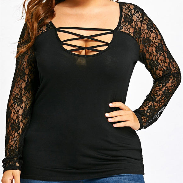 Cotton Long Sleeve Round Neck Open Work Plus Size Tops