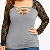 Cotton Long Sleeve Round Neck Open Work Plus Size Tops