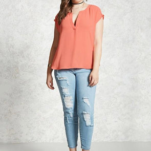 Chiffon Short Sleeve Solid Color V Neck Plus Size Tops