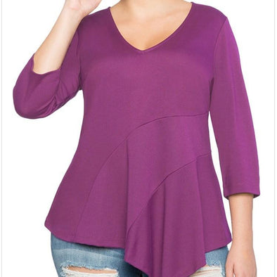 3/4 Sleeve Solid Color V Neck Plus Size Tops