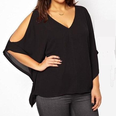 Chiffon 3/4 Dolman Sleeve Cold Shoulder Solid Color V Neck Plus Size Tops