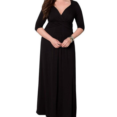 3/4 sleeve Solid Color V neck Patchwork Plus size maxi Dresses