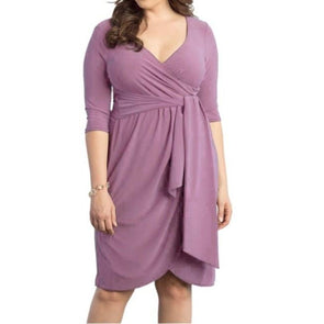 3/4 Sleeve Solid Color V neck Bandage Plus size casual Dresses