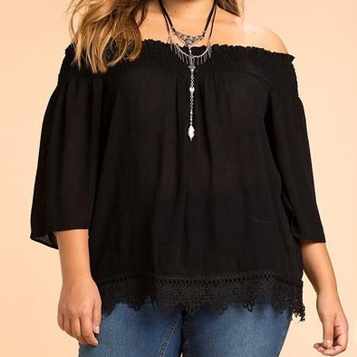 Chiffon 3/4 Sleeve Solid Color Off Shoulder Plus Size Tops