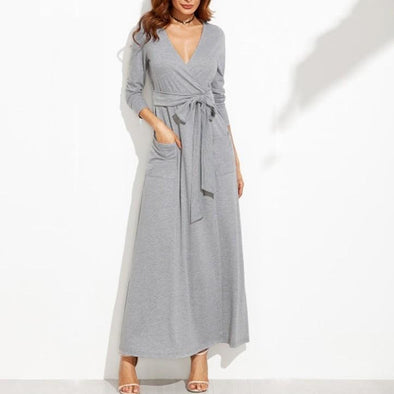 3/4 Sleeve Solid Color V Neck Girdle Bowknot Maxi Dresses