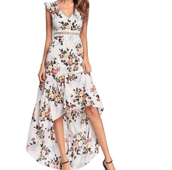 2022 V neck Print high waist slim  maxi dresses