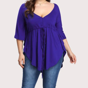 3/4 Sleeve Solid Color V Neck Plus Size Tops