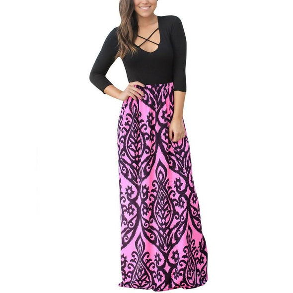 3/4 Sleeve Floral Square Collar Maxi Dresses