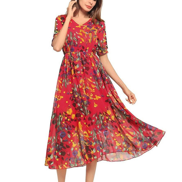 Chiffon Short Sleeve Print V Neck Floral Dresses