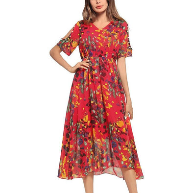 Chiffon Short Sleeve Print V Neck Floral Dresses