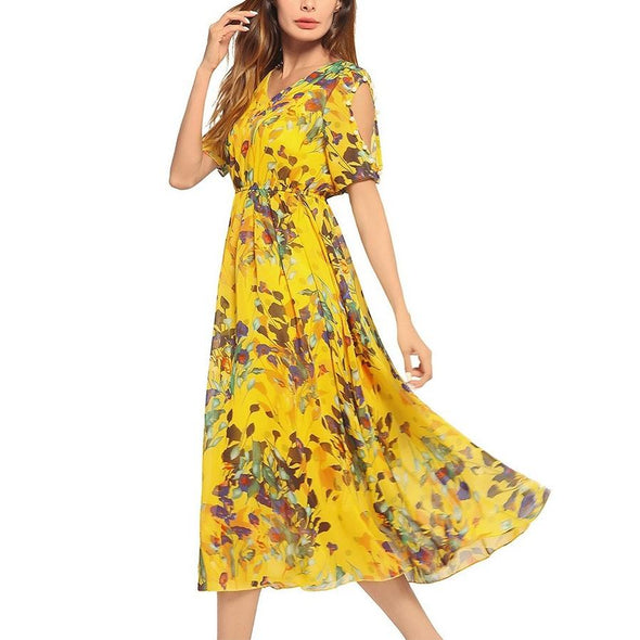 Chiffon Short Sleeve Print V Neck Floral Dresses