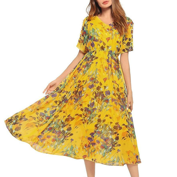 Chiffon Short Sleeve Print V Neck Floral Dresses