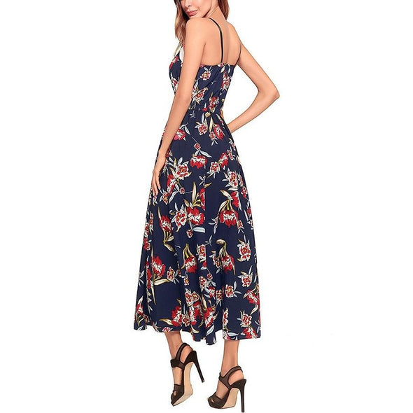 Chiffon Sleeveless Print V Neck Patchwork Floral Dresses