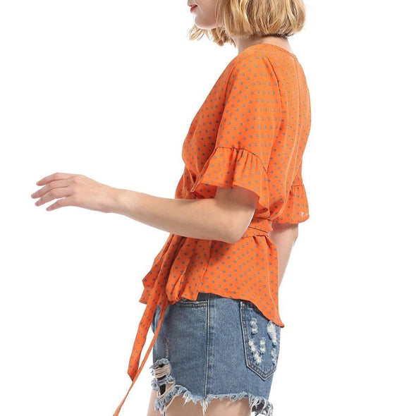 Chiffon Bell sleeve Dots Bandage Orange Blouses