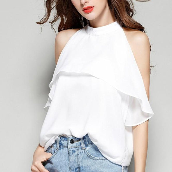 Chiffon Solid Color Flounce Sleeveless Tops