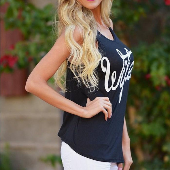 Cold Shoulder Letter Print Sleeveless Tops