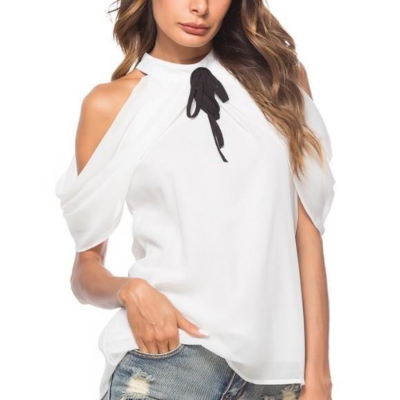 Chiffon Cold Shoulder Standing collar Bowknot Blouses