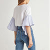 Cotton 3/4 sleeve Bell sleeve Stripe Round neck Patchwork T-shirt