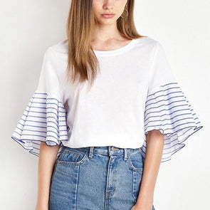 Cotton 3/4 sleeve Bell sleeve Stripe Round neck Patchwork T-shirt