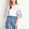 Cotton 3/4 sleeve Bell sleeve Stripe Round neck Patchwork T-shirt