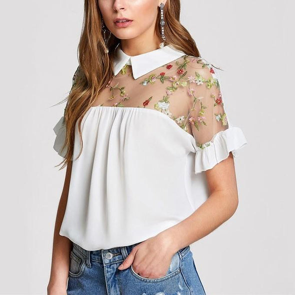 Cotton Print Polo collar Openwork Patchwork Embroidery Blouses