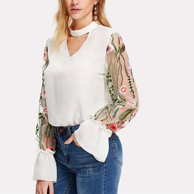 Bell sleeve Floral V neck Openwork Patchwork Embroidery Blouses