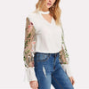 Bell sleeve Floral V neck Openwork Patchwork Embroidery Blouses