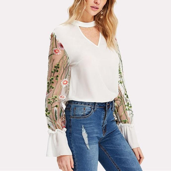 Bell sleeve Floral V neck Openwork Patchwork Embroidery Blouses