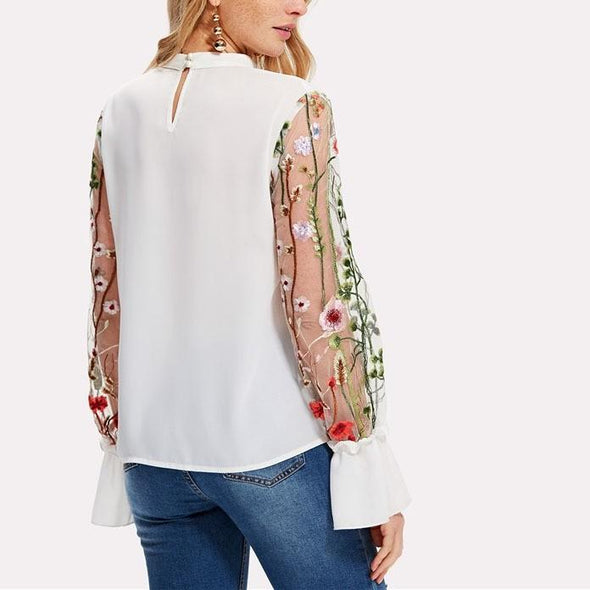 Bell sleeve Floral V neck Openwork Patchwork Embroidery Blouses