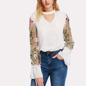 Bell sleeve Floral V neck Openwork Patchwork Embroidery Blouses