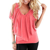 Chiffon Round neck Flounce Cold Shoulder Tops