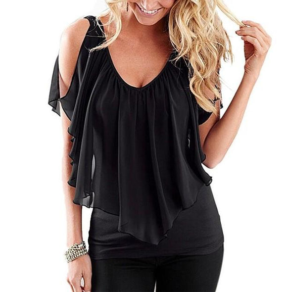 Chiffon Round neck Flounce Cold Shoulder Tops