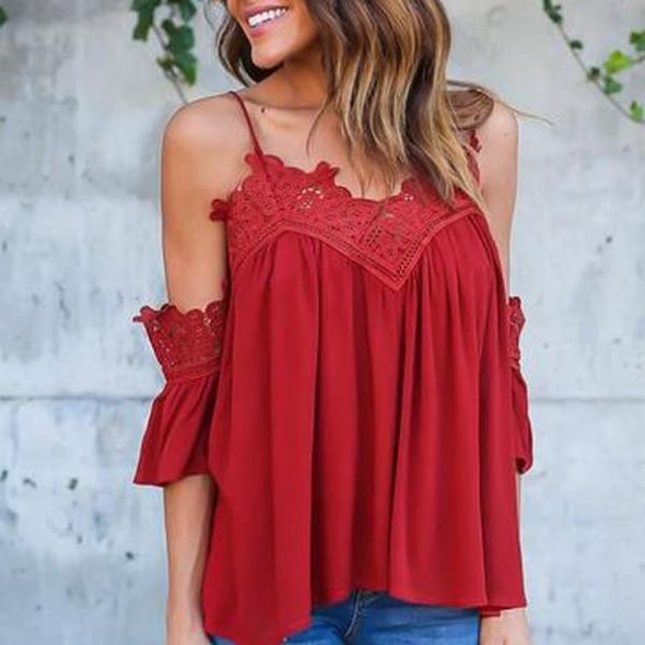 Chiffon Short sleeve Cold Shoulder V neck T-shirt