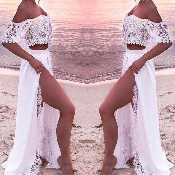 Cold Shoulder Off Shoulder Split Lace Maxi Dresses