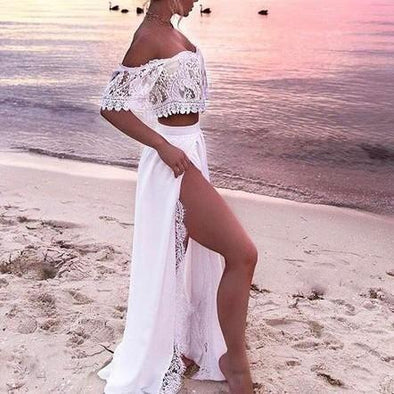 Cold Shoulder Off Shoulder Split Lace Maxi Dresses