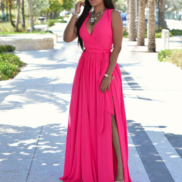 Chiffon Sleeveless V neck Split High waist Maxi Dresses