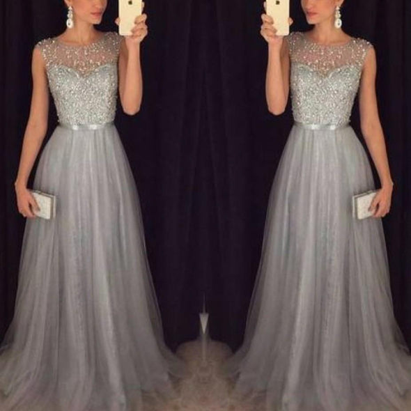 Chiffon Sleeveless Round Neck Sequins Bandage High Waist Evening Dresses