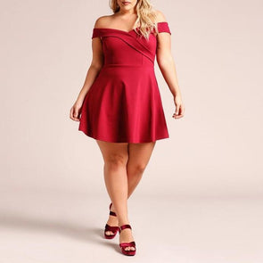 Cross Front Solid Color Off Shoulder Patchwork Plus Size Skater Dresses