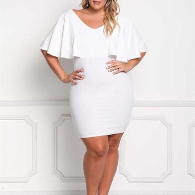 Bell sleeve Solid Color V neck Plus size bodycon Dresses