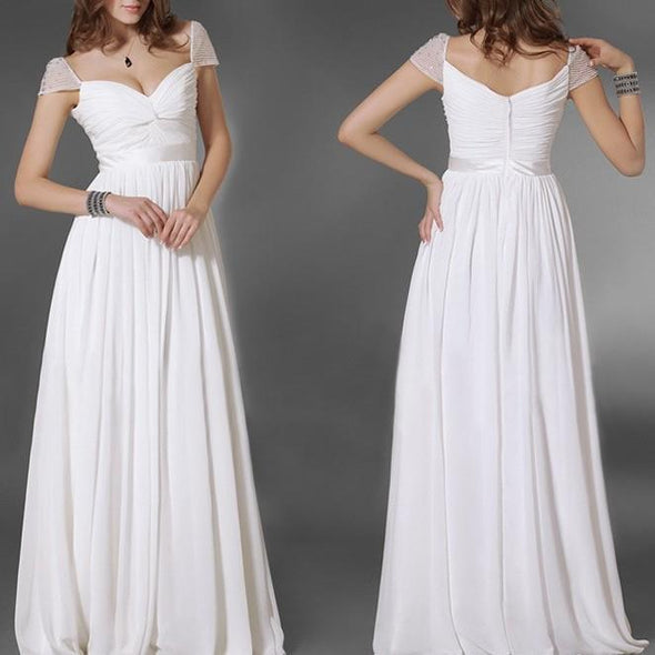 Chiffon Short sleeve White Maxi V neck Evening Dresses