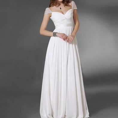 Chiffon Short sleeve White Maxi V neck Evening Dresses