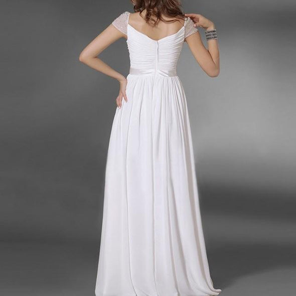 Chiffon Short sleeve White Maxi V neck Evening Dresses