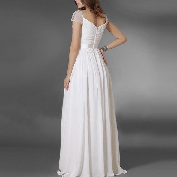 Chiffon Short sleeve White Maxi V neck Evening Dresses