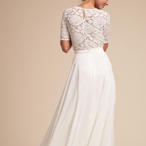 3/4 sleeve White Round neck High waist lace Maxi Dresses