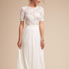 3/4 sleeve White Round neck High waist lace Maxi Dresses