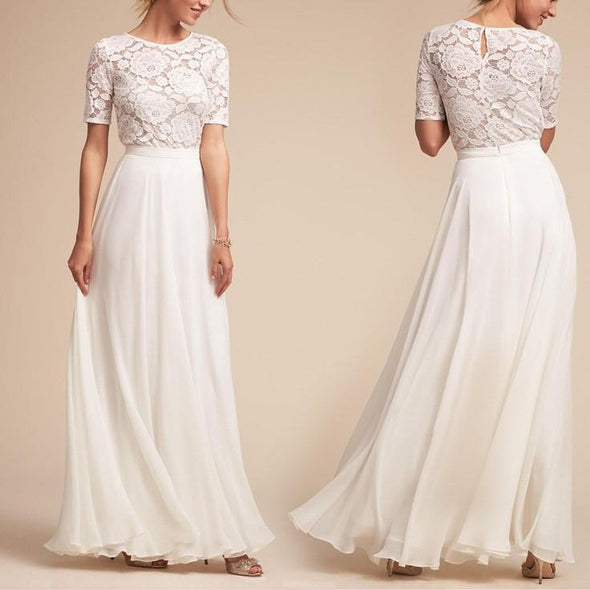 3/4 sleeve White Round neck High waist lace Maxi Dresses